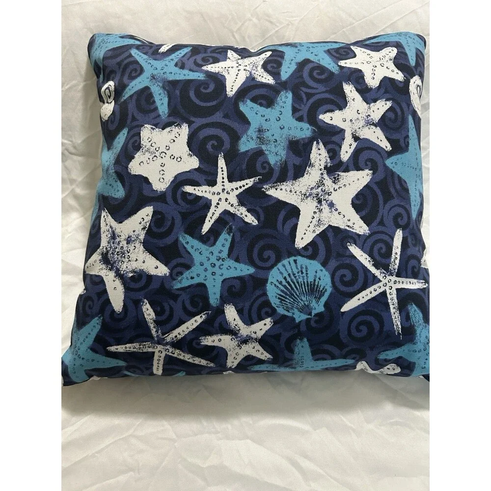 Set of 2 Blue & White Coastal Starfish Square Throw Pillows 18x18 Sewn Closed